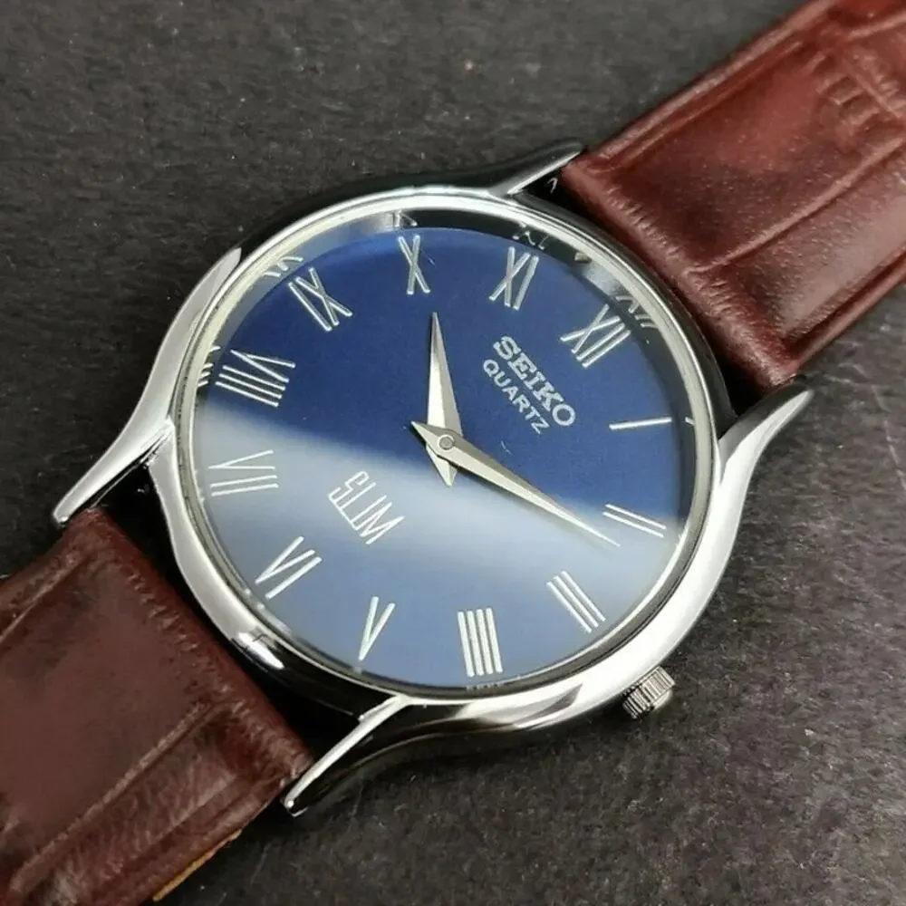 Vintage Style Seiko Quartz Mens Silver Watch & Blue accents W/ Leather Strap